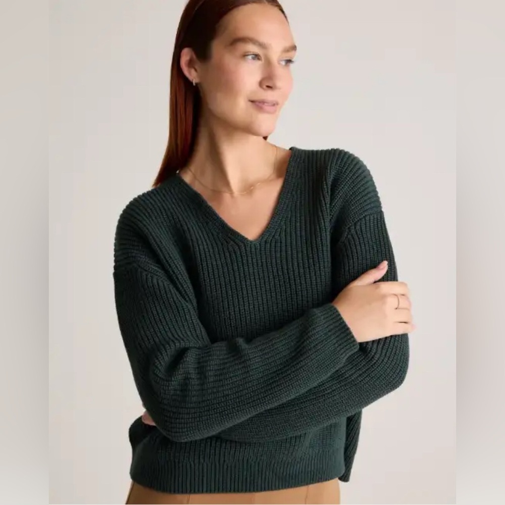 Quince 100% Organic Cotton Ladies Fisherman V-Neck Sweater Medium M Dark Green
